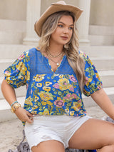 Plus Size Printed Notched Short Sleeve Blouse