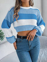 Color Block Round Neck Cropped Sweater