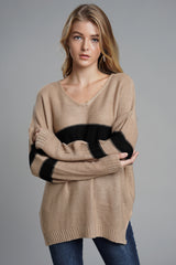 Slit Contrast V-Neck Long Sleeve Sweater