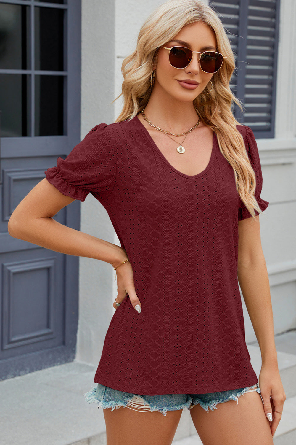 Eyelet Round Neck Flounce Sleeve T-Shirt