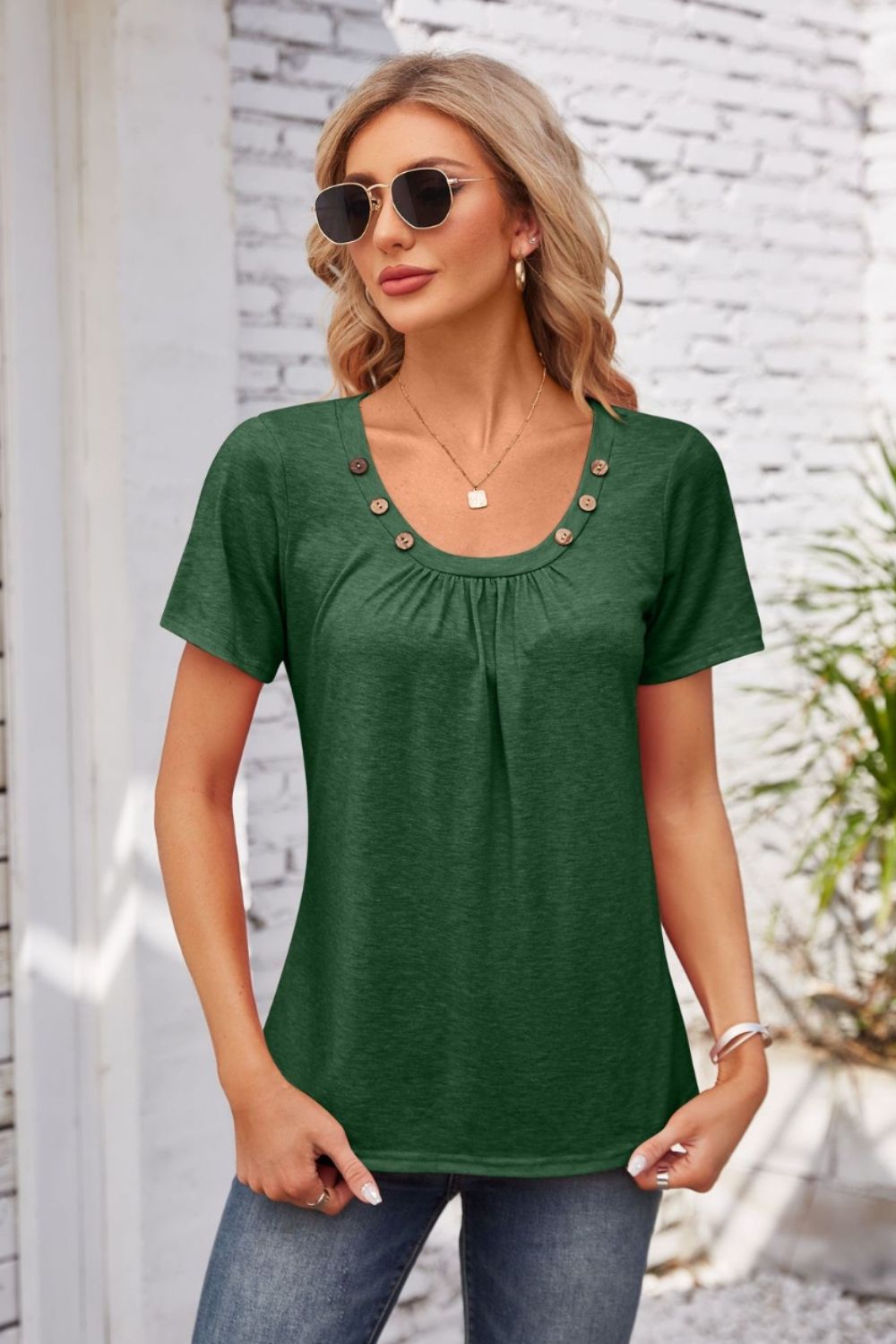 Decorative Button Scoop Neck T-Shirt