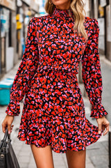 Heart Printed Mock Neck Flounce Sleeve Dress