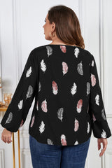 Honey Melo Apparel Plus Size Printed Round Neck Long Sleeve Cutout Blouse