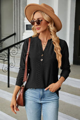 Notched Neck Long Sleeve Buttoned Blouse