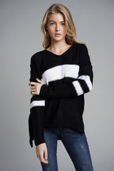 Slit Contrast V-Neck Long Sleeve Sweater