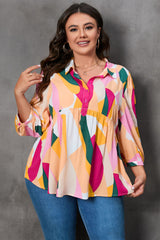 Plus Size Printed Collared Neck Half Button Top