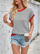 Lovelet Striped Round Neck Cap Sleeve Sweater