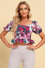 Floral Tied Cropped Peplum Blouse