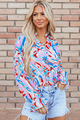 Printed Notched Flounce Sleeve Blouse