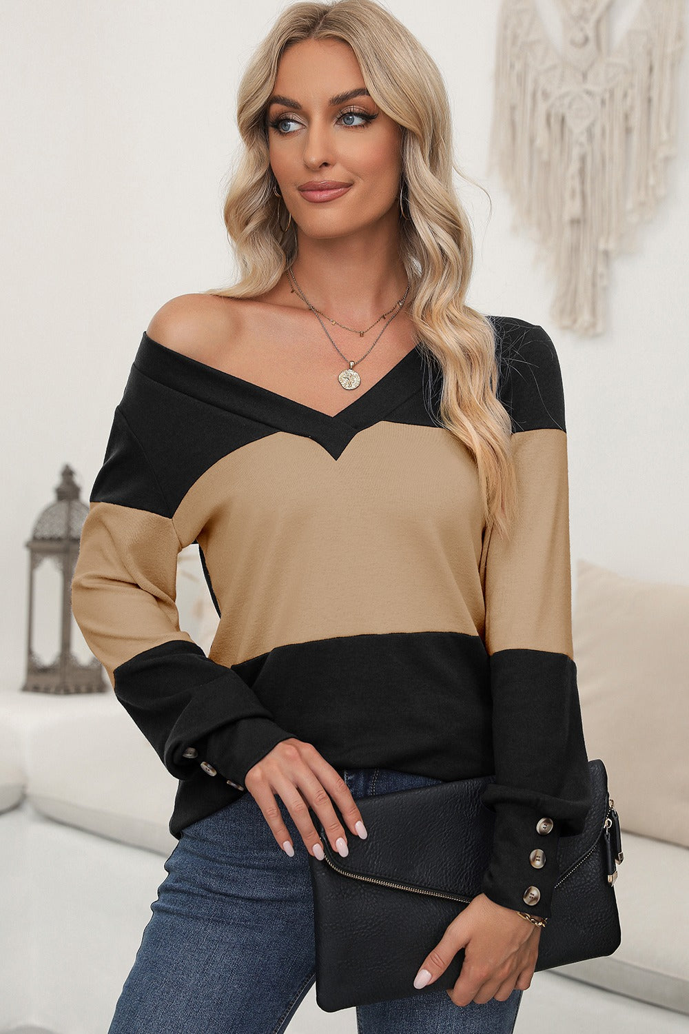 Color Block V-Neck Long Sleeve Top