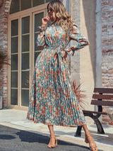 Perfee Tied Pleated Printed Mock Neck Long Sleeve Dress