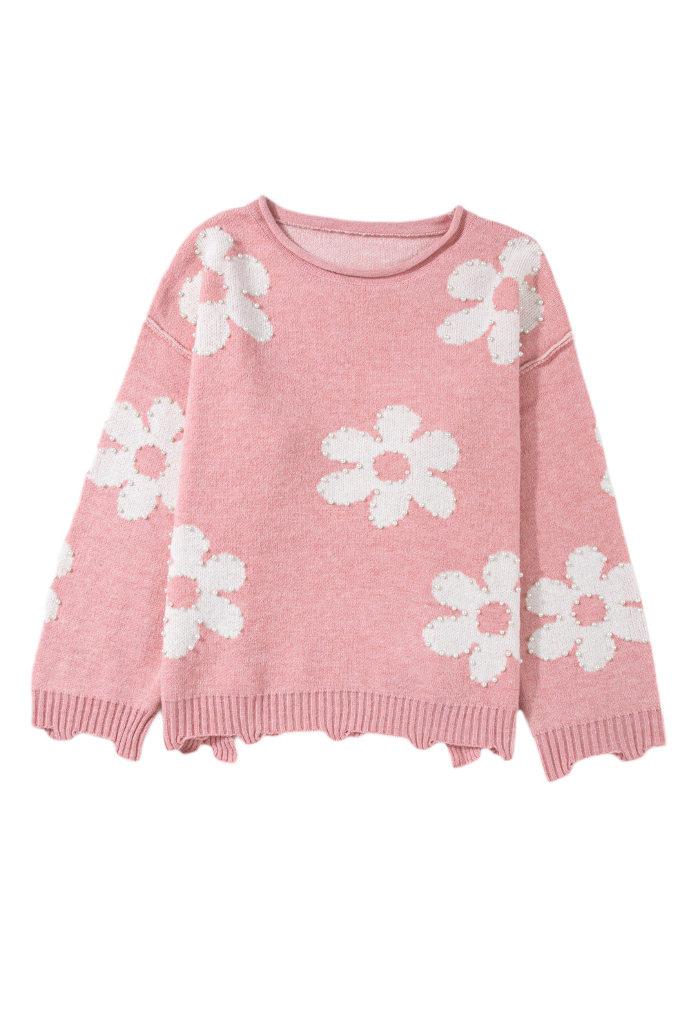 Pearl Trim Flower Round Neck Sweater