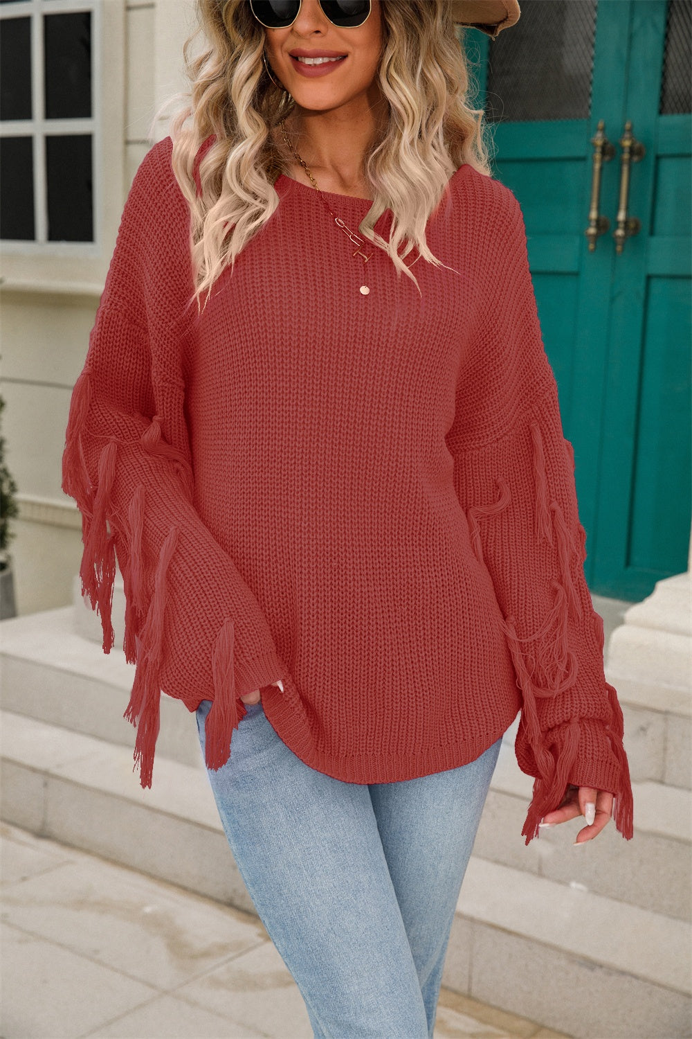 Angel Wings Fringe Round Neck Dropped Shoulder Sweater