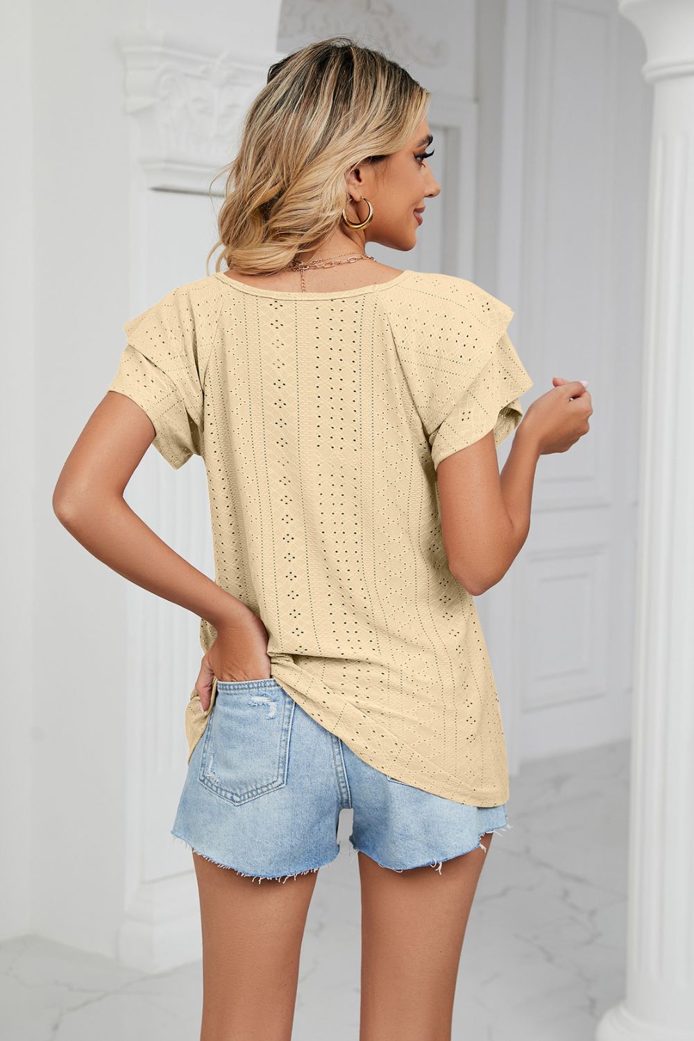 Eyelet Layered Flutter Sleeve V-Neck Knit Top