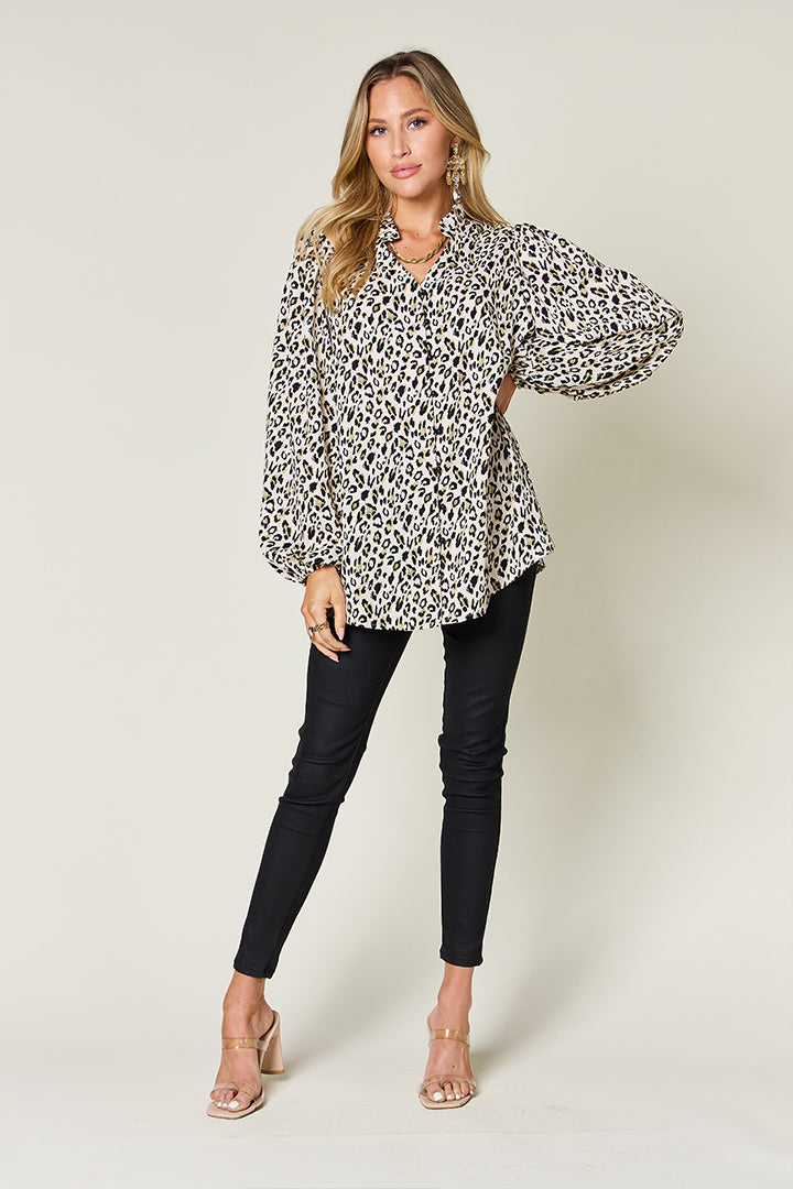 Double Take Full Size Leopard Long Sleeve Blouse