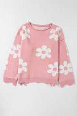 Pearl Trim Flower Round Neck Sweater