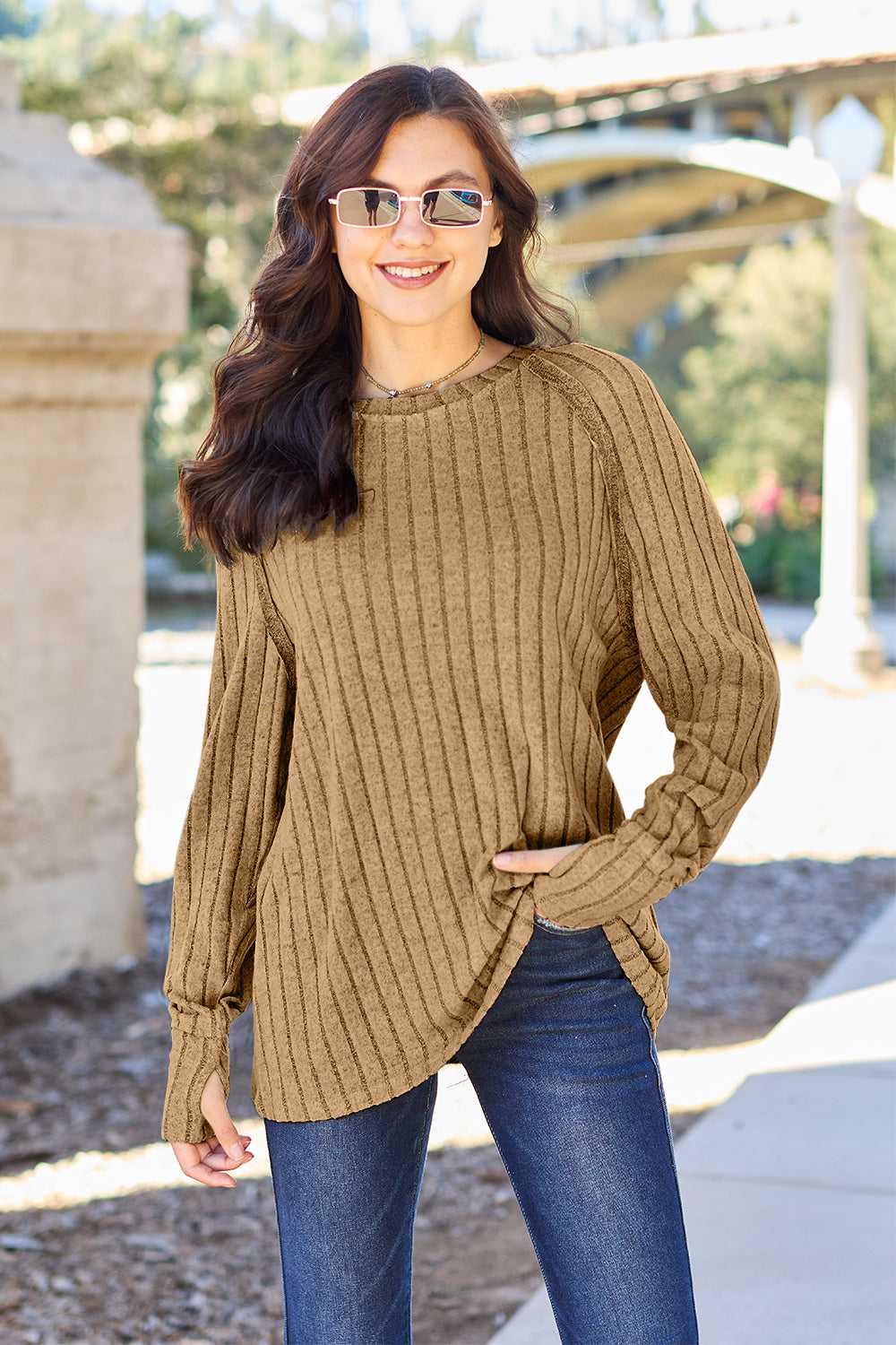 Basic Bae Full Size Ribbed Round Neck Long Sleeve Knit Top