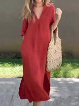 Full Size Notched Half Sleeve Midi Dress