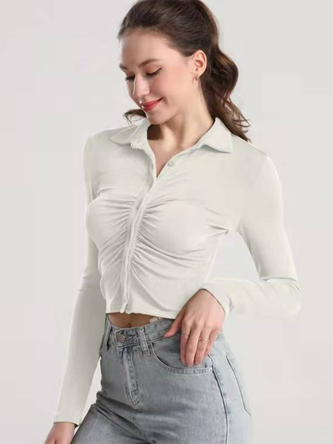 Ruched Button Up Long Sleeve T-Shirt