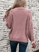 Lace Up Round Neck Long Sleeve Sweater