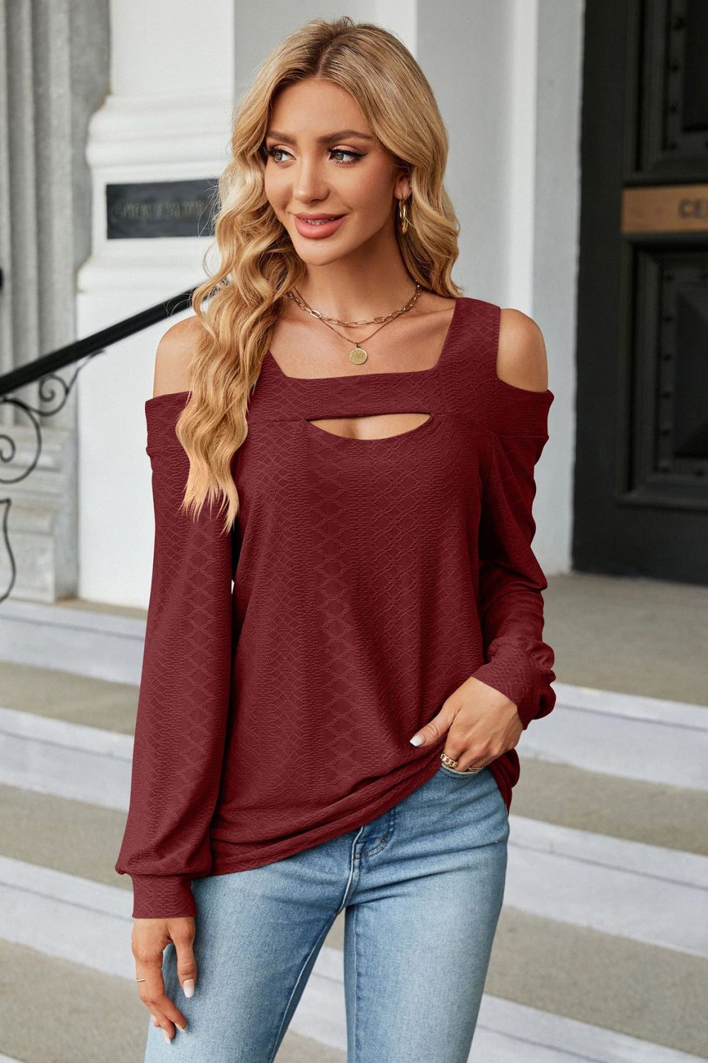 Cold Shoulder Square Neck Cutout Blouse