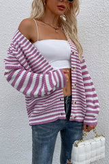 Striped V-Neck Button-Down Cardigan