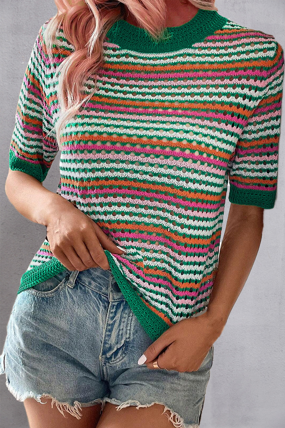 Openwork Striped Short Sleeve Knit Top