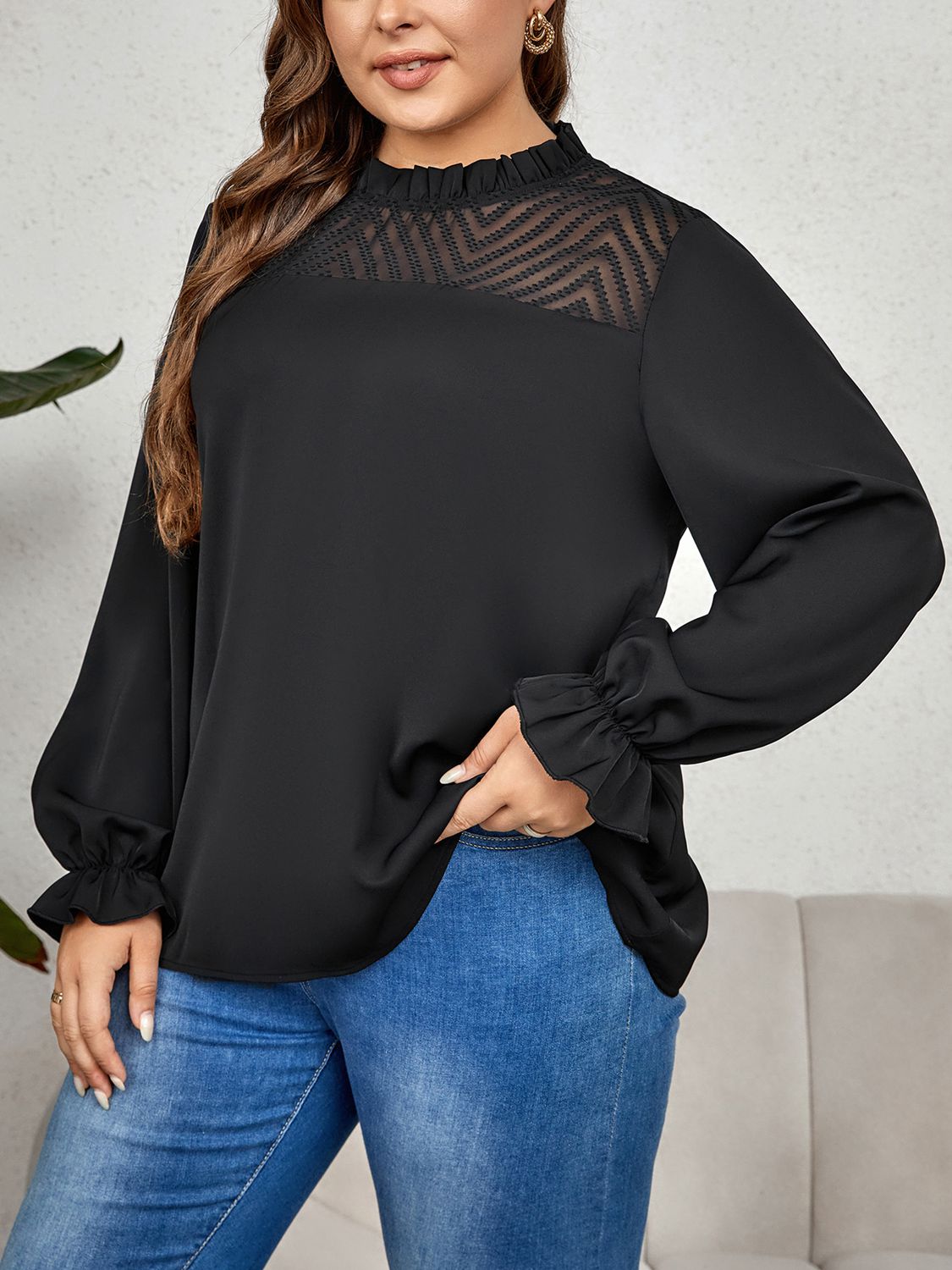 Honey Plus Size Round Neck Flounce Sleeve Blouse