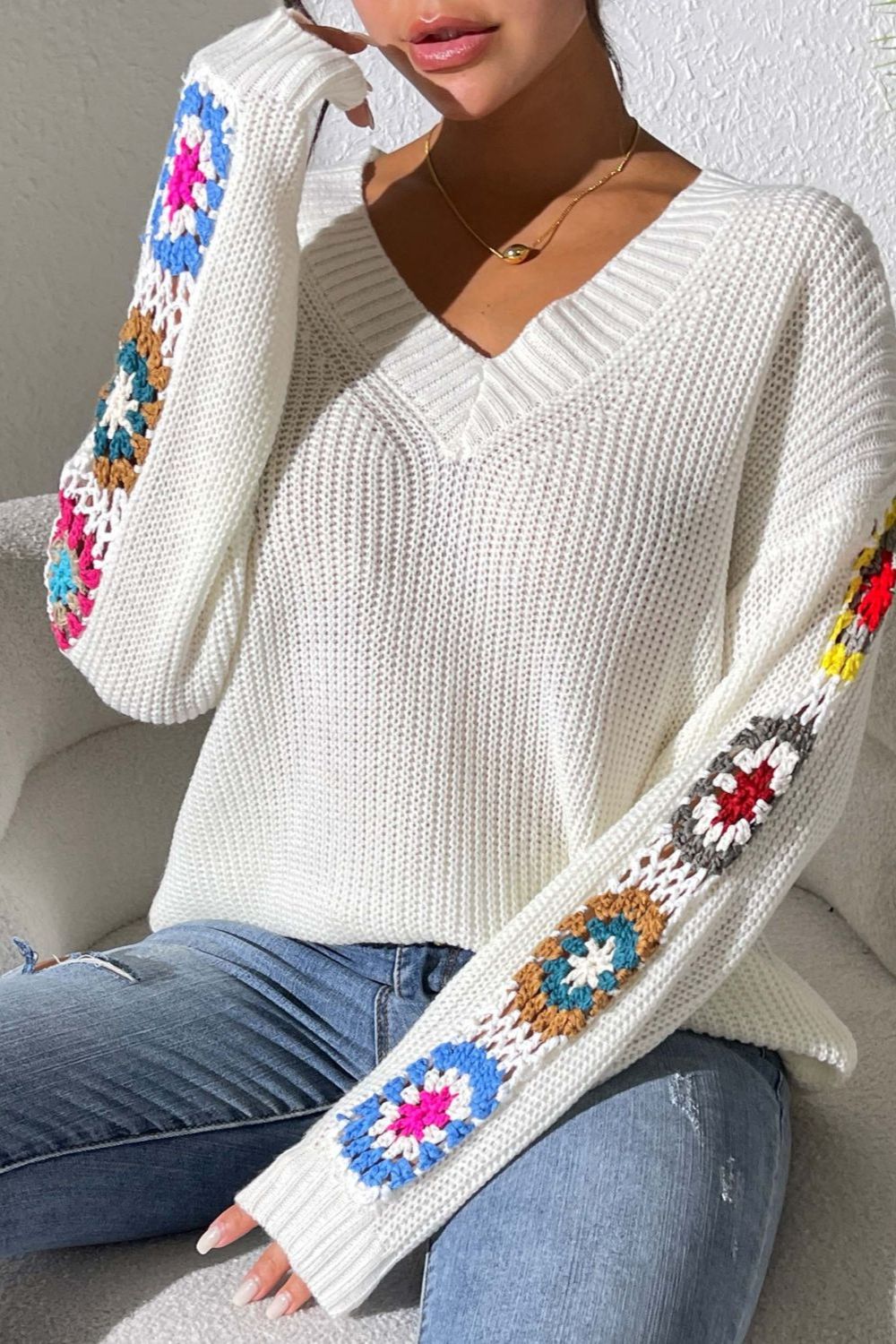 Crochet Flower V-Neck Sweater