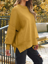 Slit Round Neck Dropped Shoulder Sweater