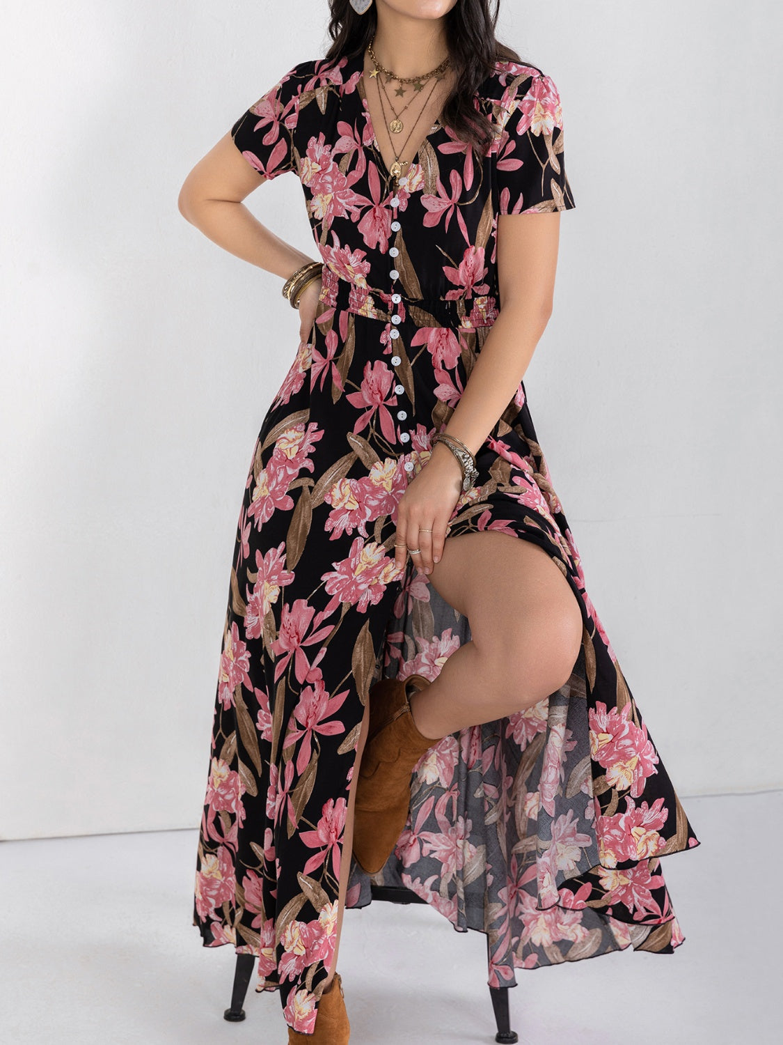 Floral V-Neck Slit Dress