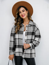 Shiny Plaid Button Up Collared Neck Jacket