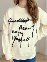 Letter Contrast Round Neck Dropped Shoulder Sweater