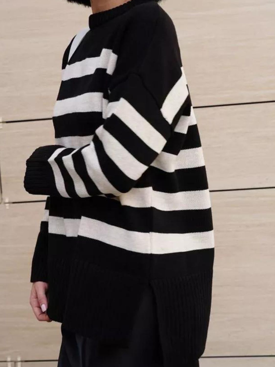 Slit Striped Round Neck Sweater