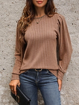 Perfee Ribbed Round Neck Long Sleeve T-Shirt