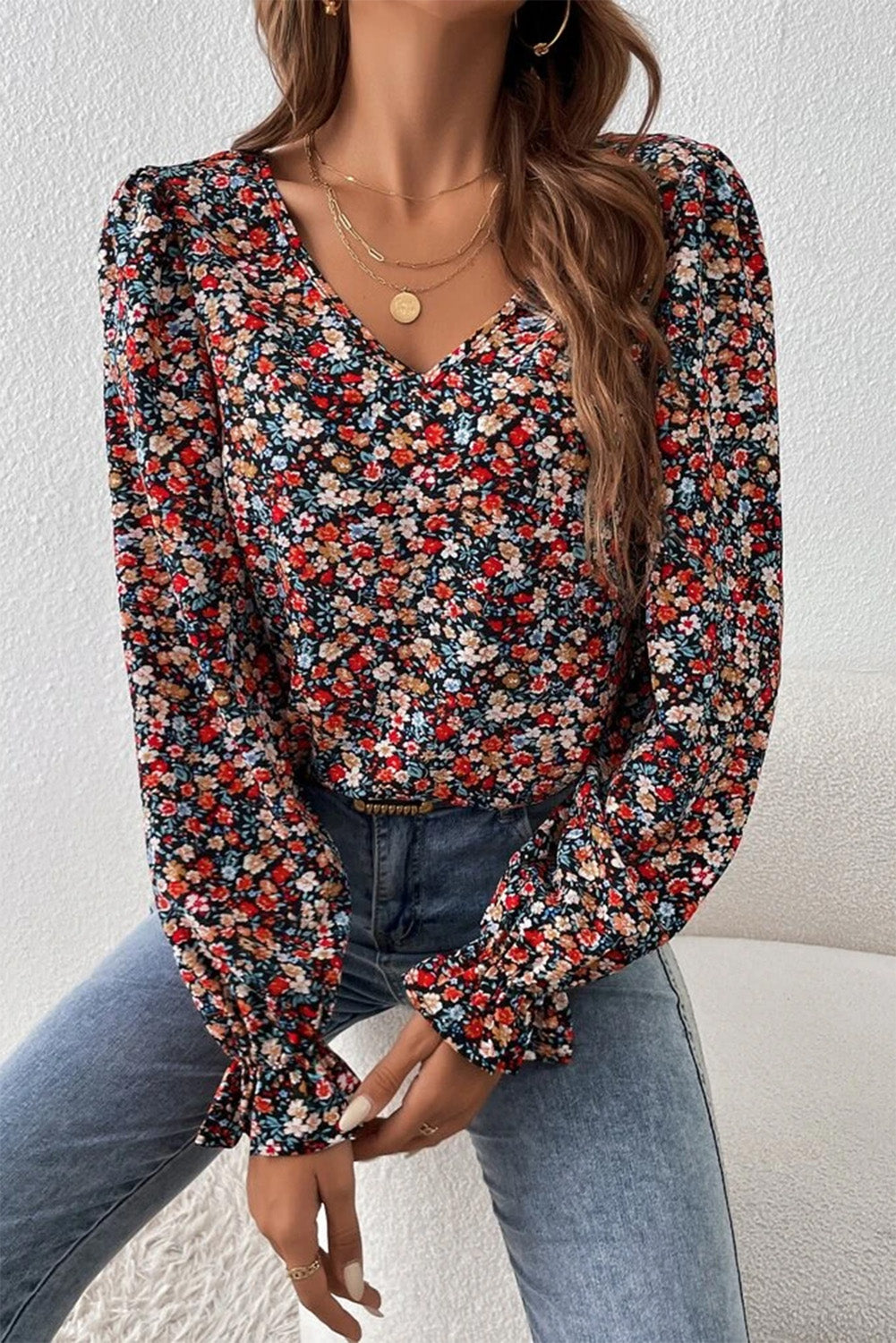 V-Neck Printed Long Sleeve Blouse