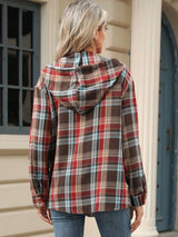 Drawstring Plaid Hooded Long Sleeve Top