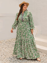 Plus Size Printed Notched Long Sleeve Maxi Dress