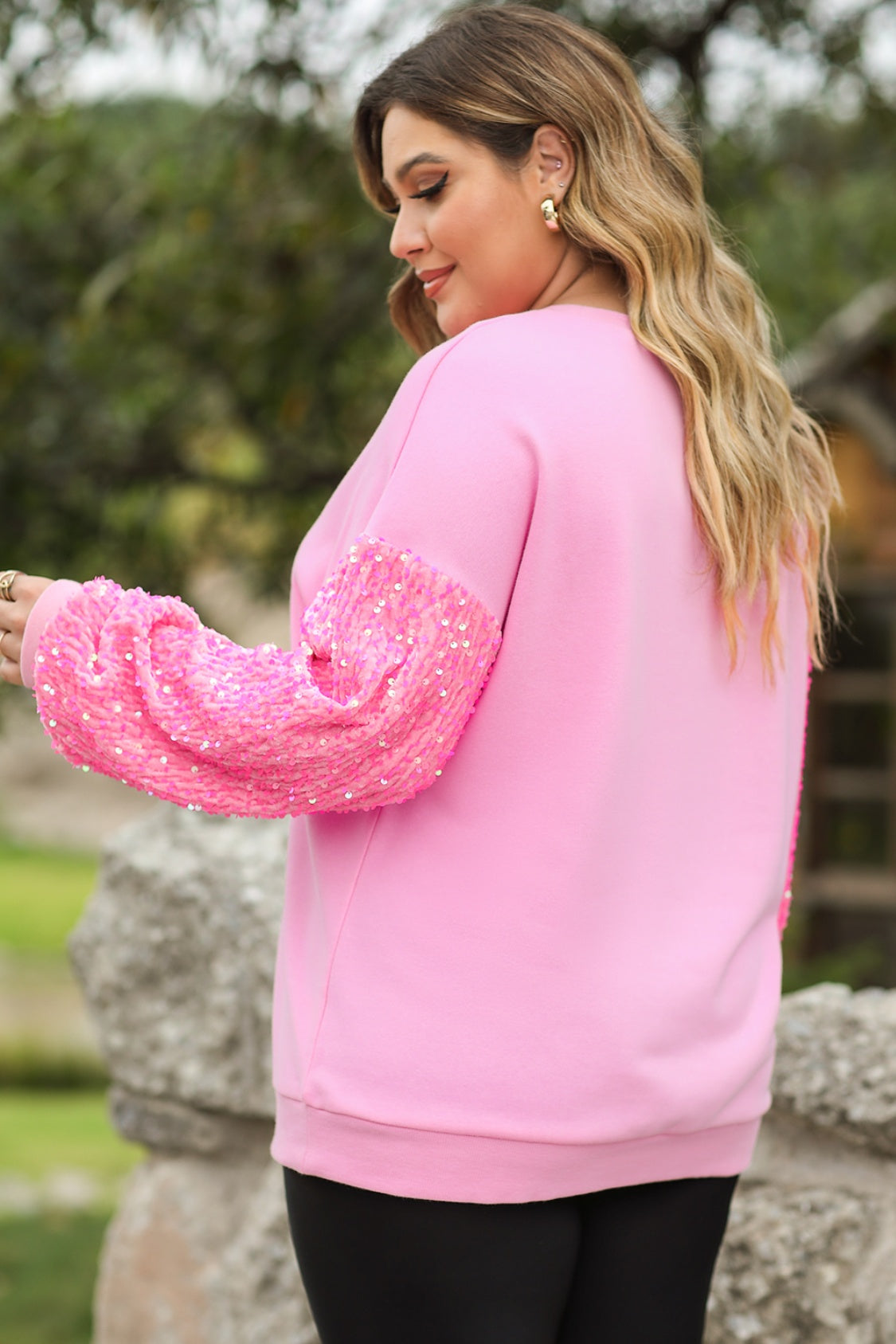 Plus Size Sequin Round Neck Dropped Shoulder Sweatshirt