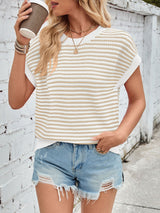 Lovelet Striped Round Neck Cap Sleeve Sweater