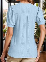 Eyelet Notched Short Sleeve Blouse