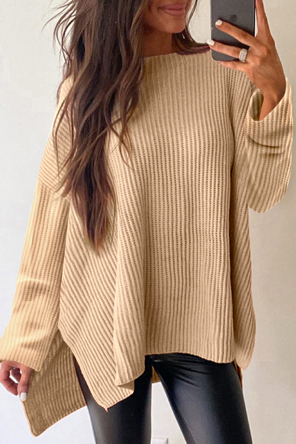 Side Slit Round Neck Long Sleeve Sweater