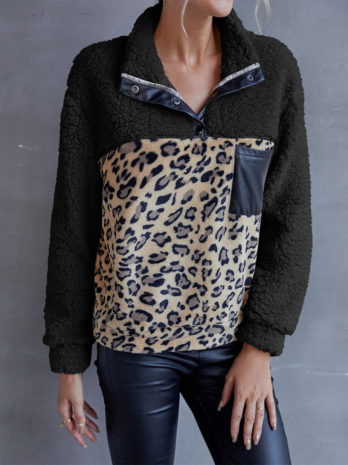 Ivy Lane Leopard Quarter-Snap Teddy Sweatshirt