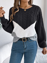 Cable-Knit Color Block Round Neck Sweater