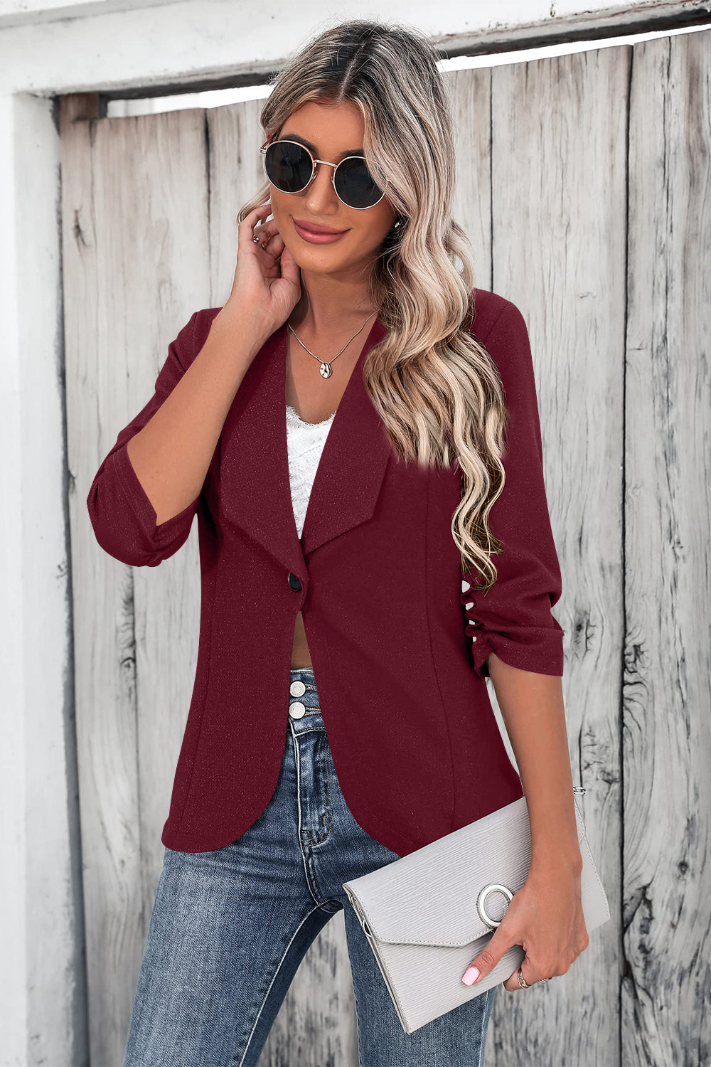 One Button Collared Neck Ruched Sleeve Blazer