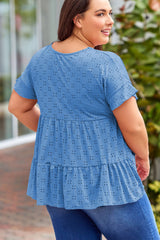 Plus Size Eyelet Round Neck Short Sleeve Blouse