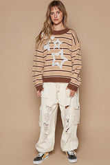 POL Star Patch Stripe Round Neck Sweater