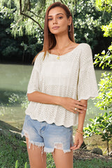 Openwork Round Neck Half Sleeve Knit Top