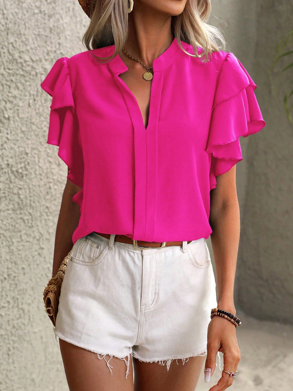 Ruffled Notched Short Sleeve Blouse