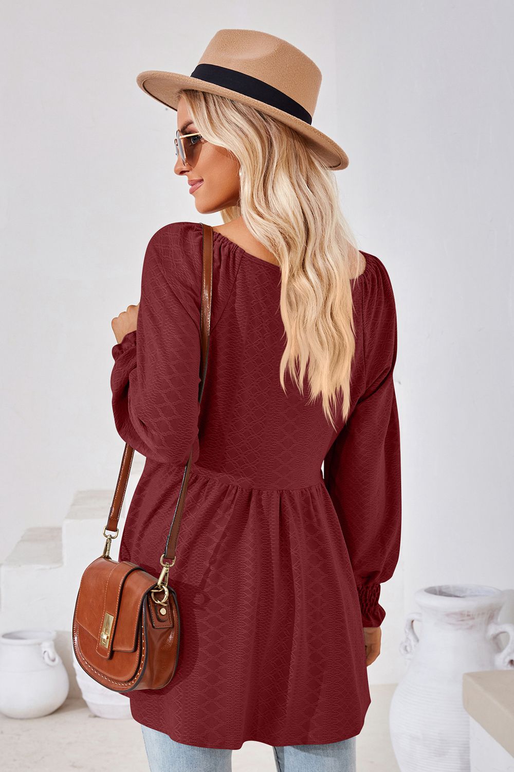 V-Neck Lantern Sleeve Blouse